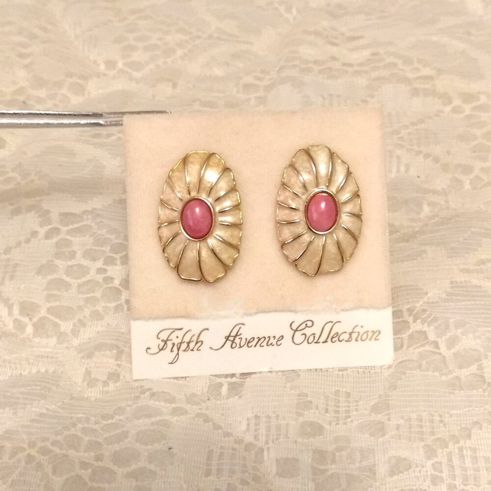 Vintage Genuine Pink Coral Cream Enamel Gold Tone Oval Clip Earrings